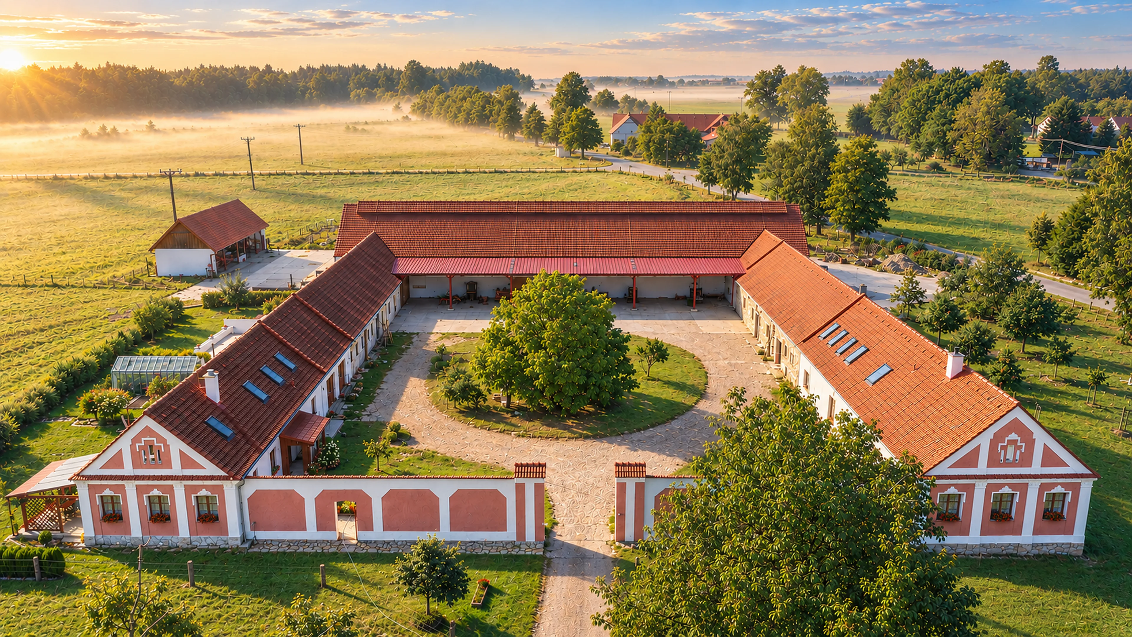 Typický jihočeský statek se zdobnými štíty, zachycující první zlatavé paprsky